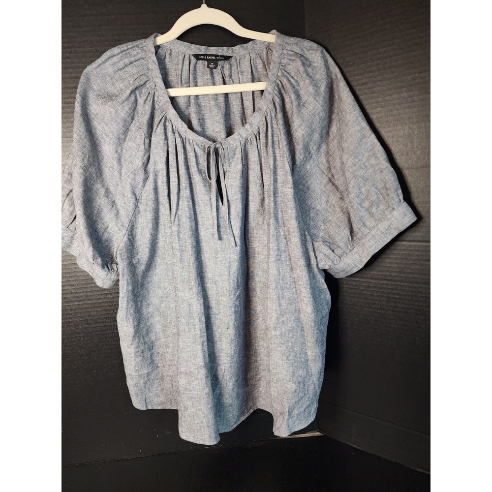 Zac & Rachel Woman Blue Linen Blend Short Sleeve Peasant Blouse 1X